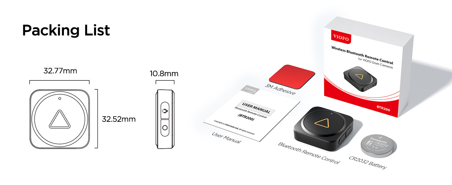 Product dimensions and packing list including battery and 3M adhesive.