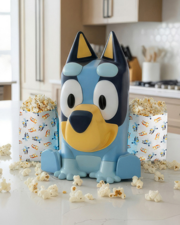 Bluey popcorn maker sitting on kitchen counter with popped popcorn in printed bluey popcorn bags.