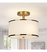 JIWUZHI 12.6" Semi Flush Mount Ceiling Light Fixtures,3-Light Drum Light,Antique Brass with White...