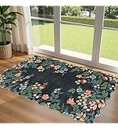Othilic Black Floral Entry Rug - 3x5 Ft Washable Indoor Outdoor Mats for Front Door Non-Slip Porc...