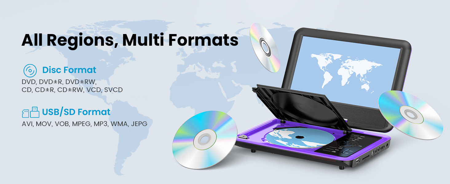 All-Region portable DVD player that plays DVDs from any country, ideal for home and on-the-go use