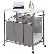 STORAGE MANIAC 3-Section Laundry Sorter with Foldable Ironing Board, Heavy-Duty Rolling Laundry C...