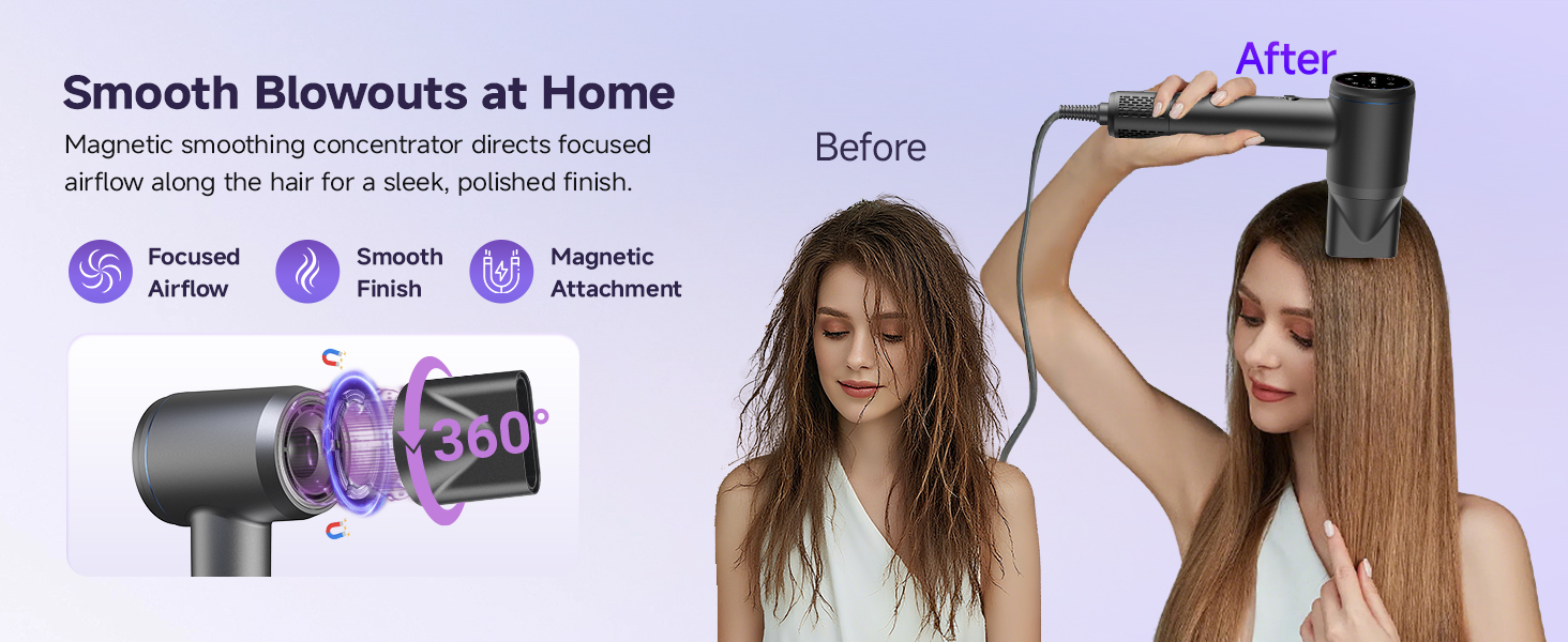 Hair dryer with magnetic concentrator for smooth blowouts