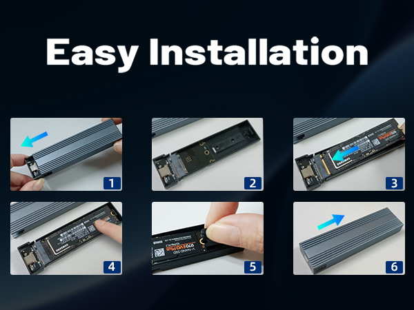 Installation guide for M.2 SSD. Six-step process showing removal of heatsink, insertion of SSD, and reattachment of heatsink. Easy installation highlighted.