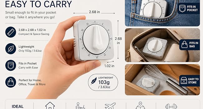 Pocket sized Albayrak timer shown with dimensions