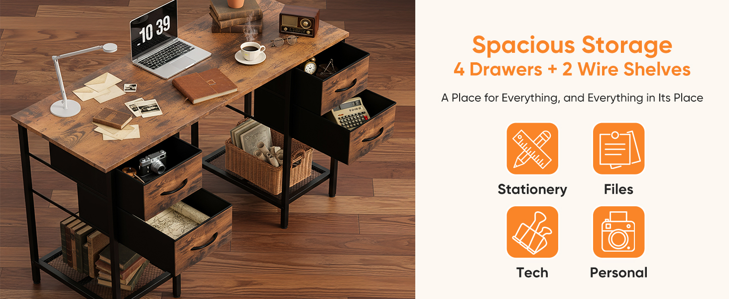 47 55 inch desk with 4 drawers 2 shelves