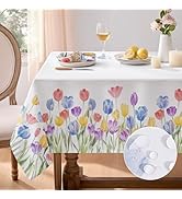 Softalker Spring Valentines Tablecloth Rectangle - Easter Waterproof Tulip Flower Decorative Tabl...