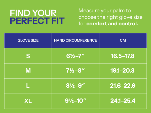 Size chart showing XS to L glove sizes with palm measurements in inches and centimeters
