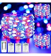 4th of July Decoration Lights, 3 Pack Red White and Blue Fairy Lights Battery Operated with Remot...