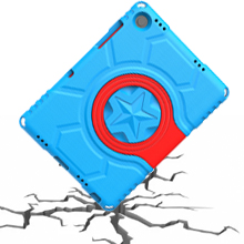 Blue protective tablet case with red circular star design shown over a cracked surface background.