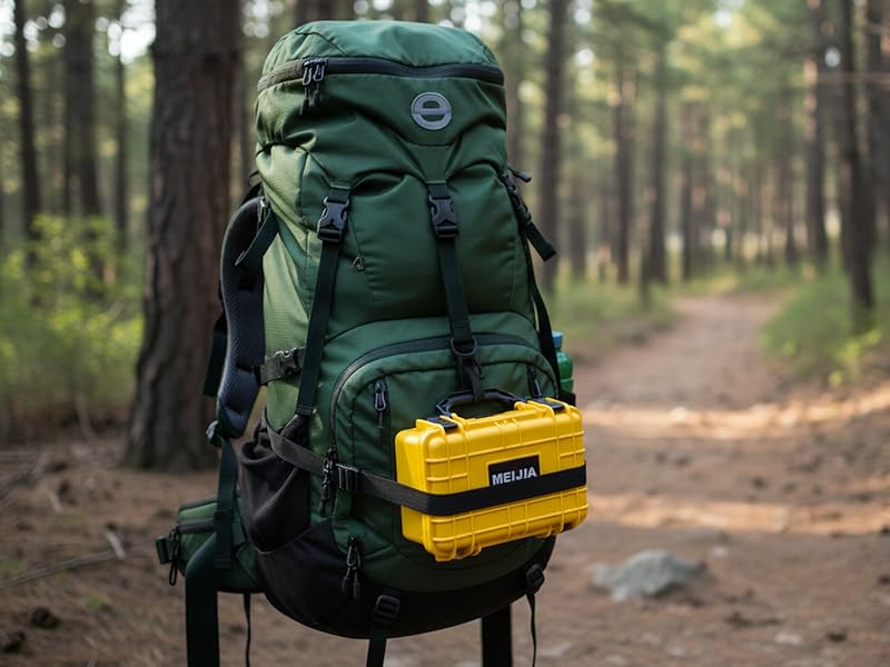 Multiple views of a green hiking backpack on forest trails, showing different angles and positions. Yellow accessory attached to pack.