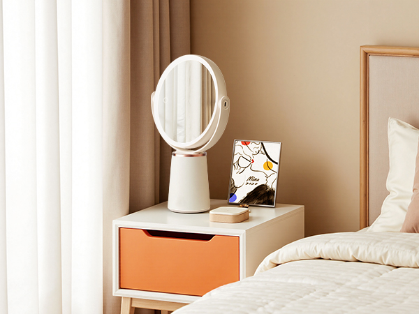 Lighted vanity makeup mirror on bedroom nightstand, perfect for bedside daily makeup and skincare