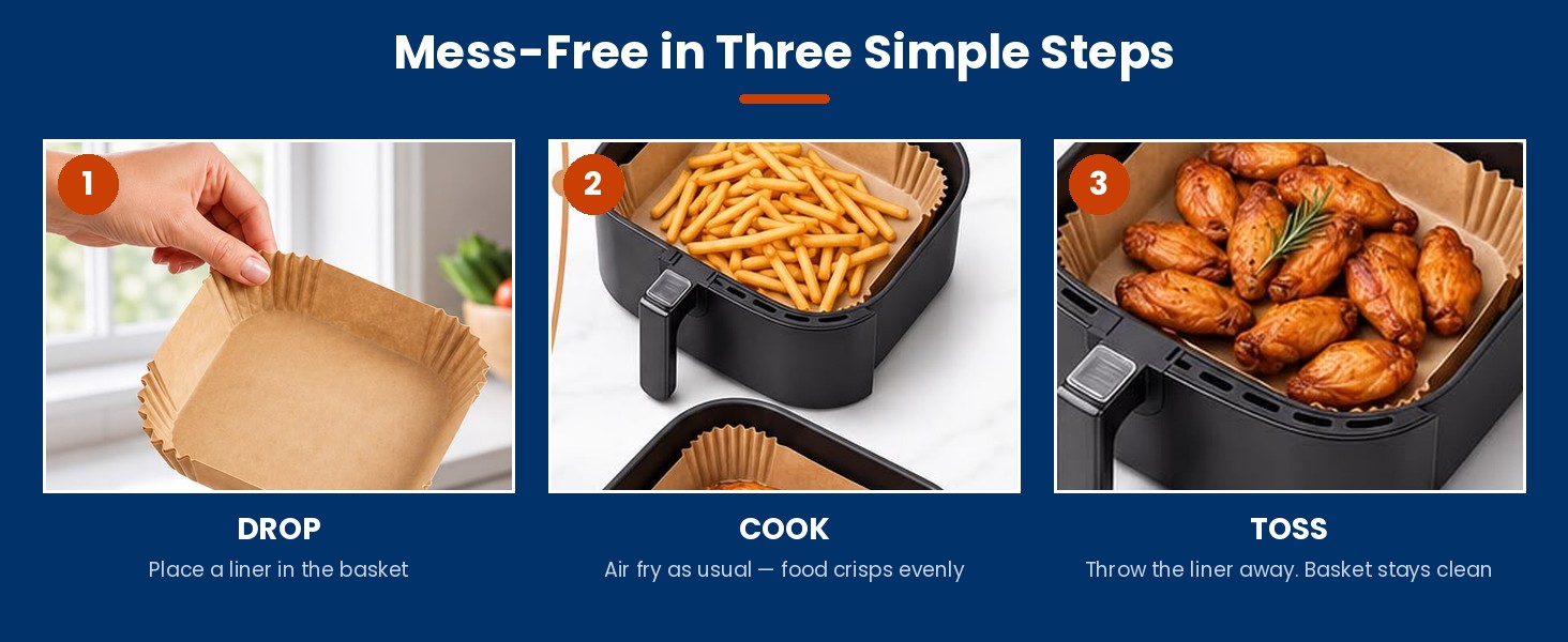 Three steps to use air fryer liners: drop liner in basket, cook food, toss liner away