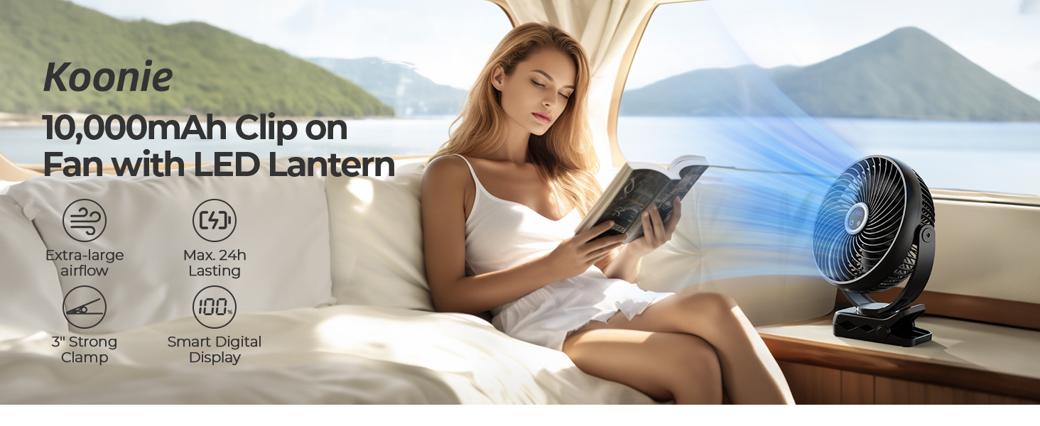 Portable clip-on fan with LED lantern, 10,000mAh capacity. Features include 32h runtime, 3 speeds, and 7 light modes. Woman shown using device outdoors.