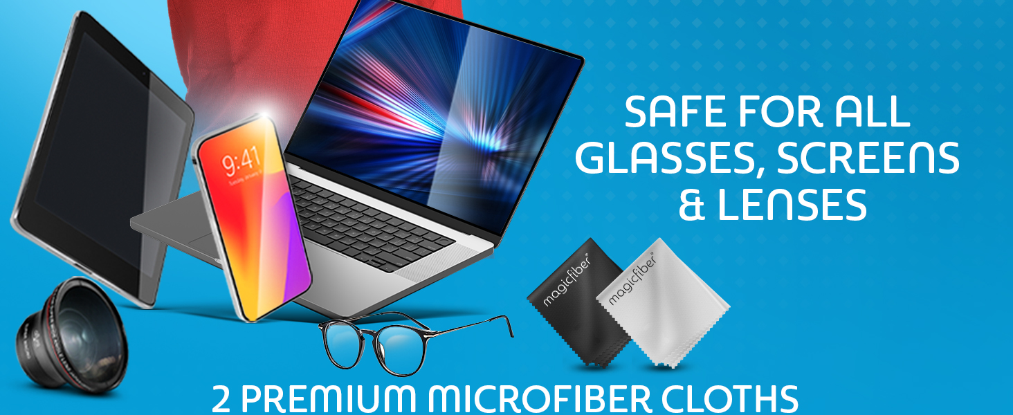 2 Premium Microfiber cloths. Safe for all Glasses, screens and lenses.