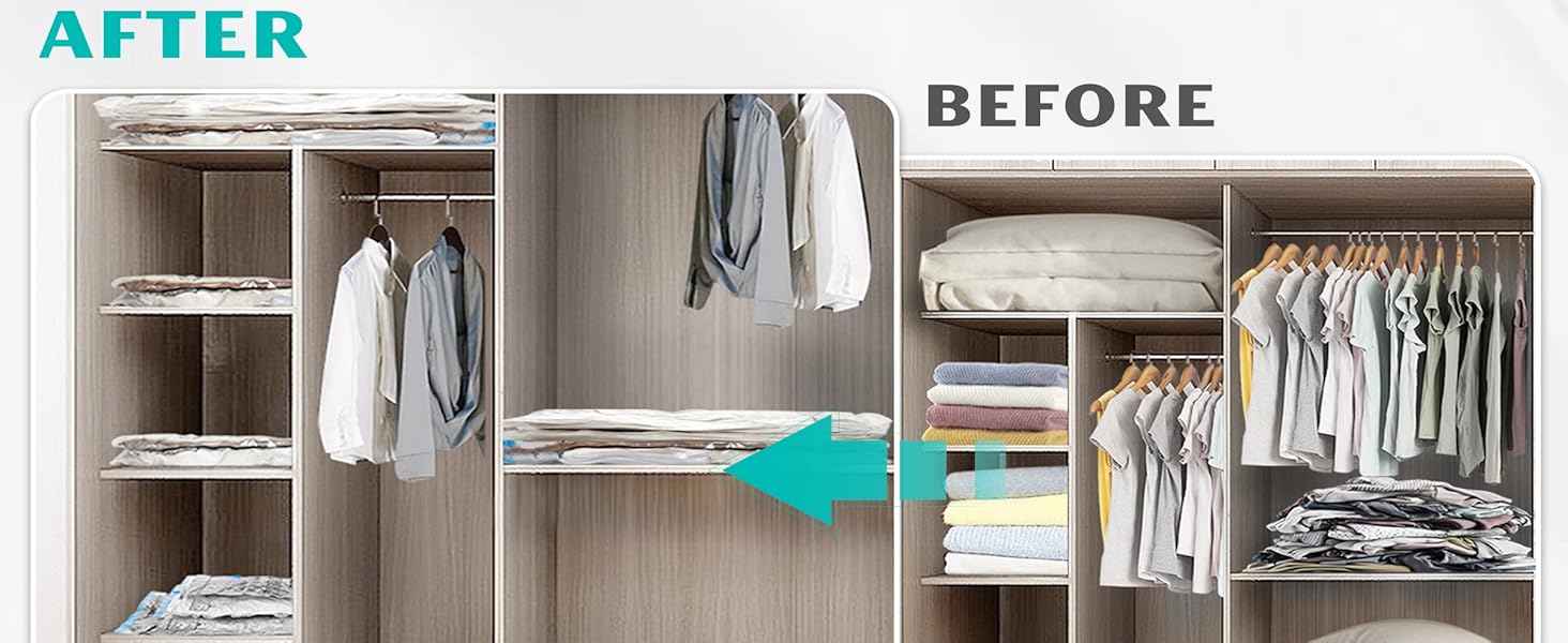 Text reads "AFTER" and "BEFORE". Before and after comparison of closet organization, showing transformation from cluttered to neat, organized clothing storage.