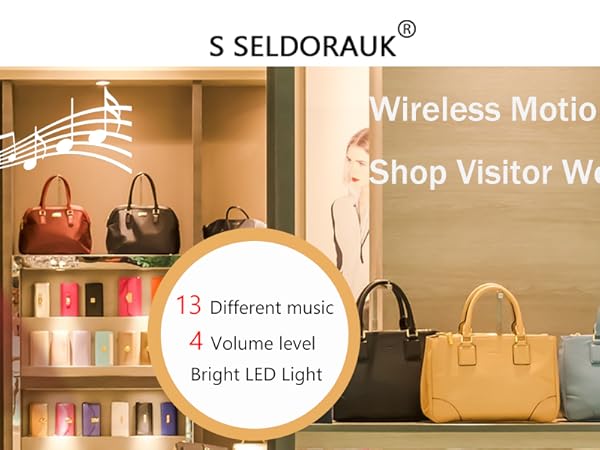 Wireless Motion Sensor. Shop Visitor Welcome. 13 Different music4 Volume levelBright LED Light.