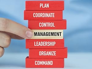 Manager Supervisor desk blocks showing leadership, planning, coordination, &amp;amp; productivity at work.