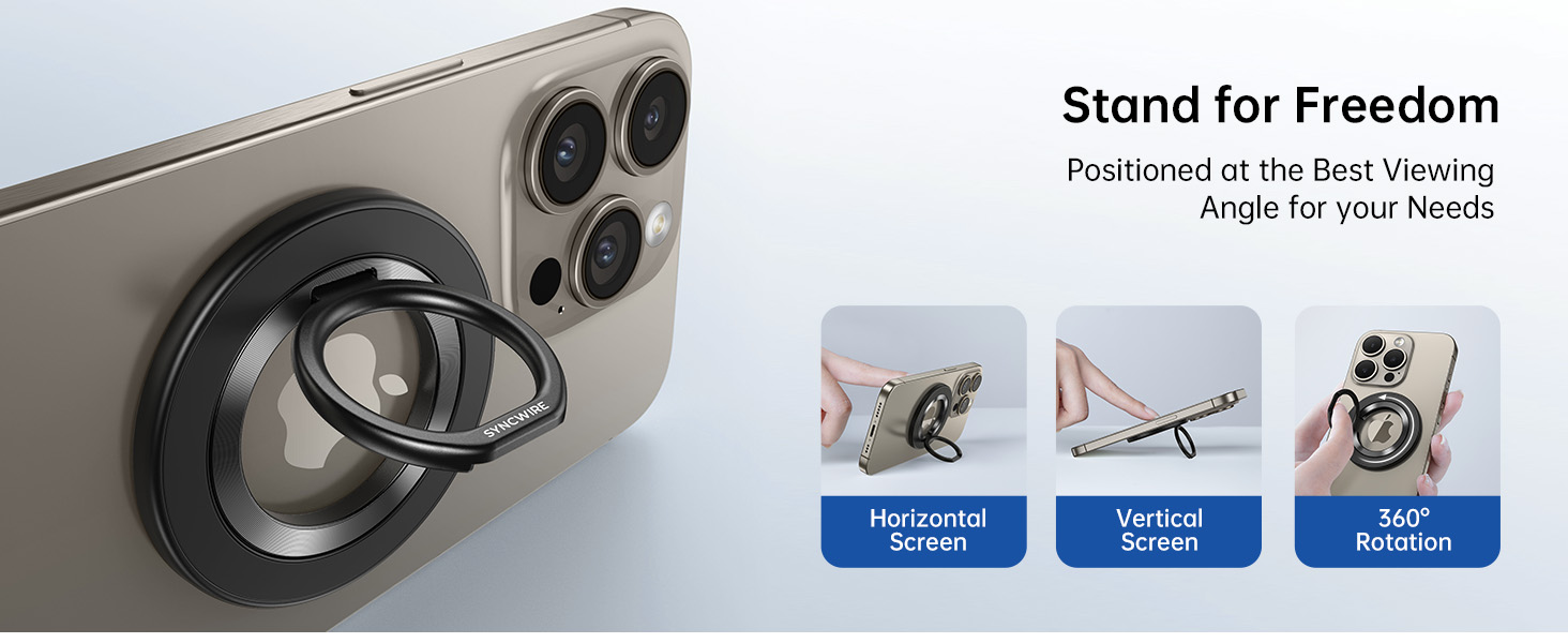 Phone accessory stand with ring mount attachment, showing three usage positions: Portrait, Screen, and Rotation angles.