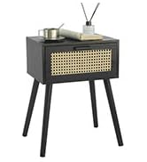AWASEN Mid Century Modern Nightstand, Rattan Side Table with Drawer, Black Bedside Table with Sto...