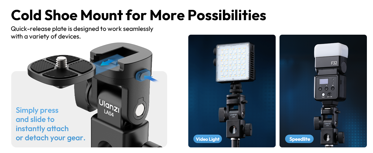 Universal 1/4" mount makes it easy to attach a wide range