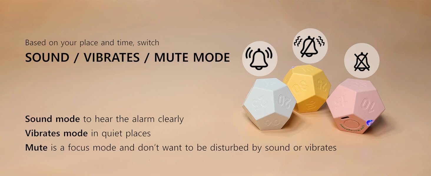 pomodoro cube timer sound beeps, vibrates, mute 3 alarm mode