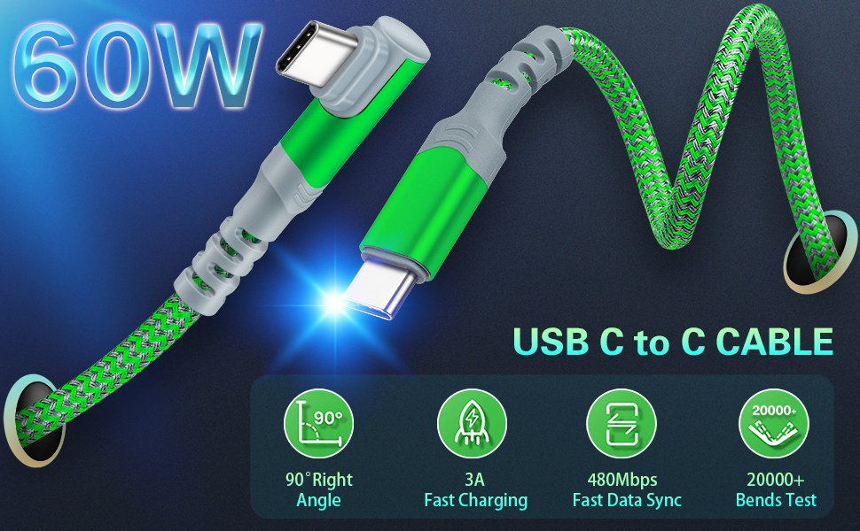 60W 3A Right Angle USB C to USB C Cable