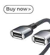 Text reads 'Buy now >'. Same USB charging cable shown from different angle, emphasizing the braided cord construction and metal connectors.