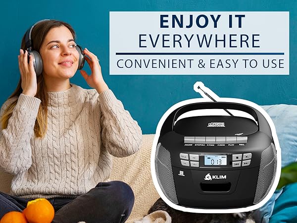 Text reads 'ENJOY IT EVERYWHERE', 'CONVENIENT &amp; EASY TO USE'. Portable electronic device usage demonstrations in various settings.