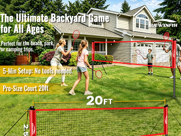 Portable badminton net set with carbon aluminum rackets for backyard, beach and lawn games.