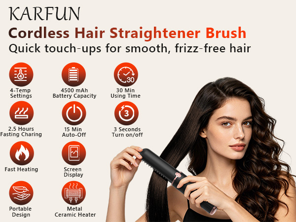 Cordless Hair Straightener Brush, Portable 4500mAh Rechargeable Straightening Comb, MCH Fast Heat