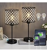 Touch Control Crystal Table Lamp Set of 2, Black Bedside Nightstand Lamps with USB-C+A Charging P...