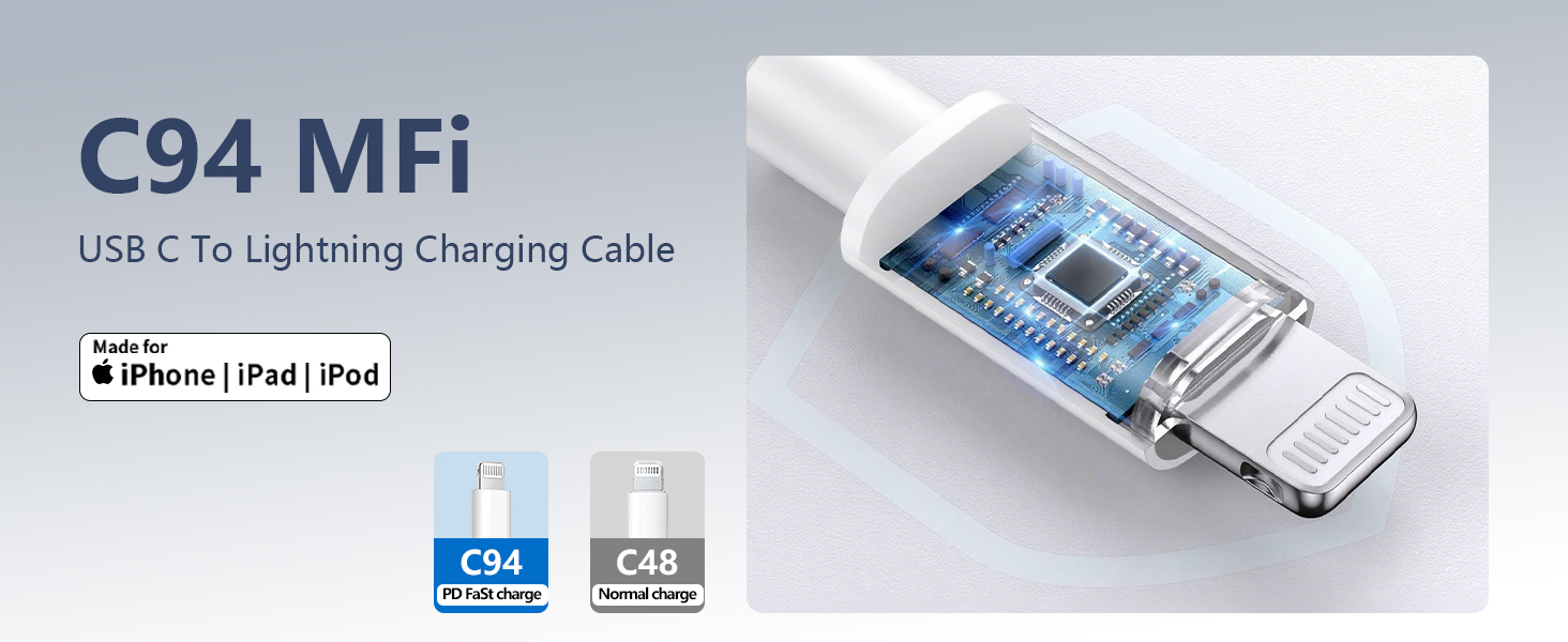 Text reads 'C94 MFi'. Product appears to be a USB to Lightning charging cable with metallic connectors and white cable housing.