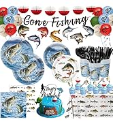 LINHAXM 178PCS Fishing Birthday Party Decorations Includes Plates, Napkins, Cups, Cutlery, Tablec...