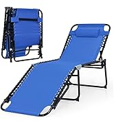 Goplus Beach Lounge Chair, Folding Chaise Lounger with Detachable Pillow &amp; Adjustable 4-Level Bac...