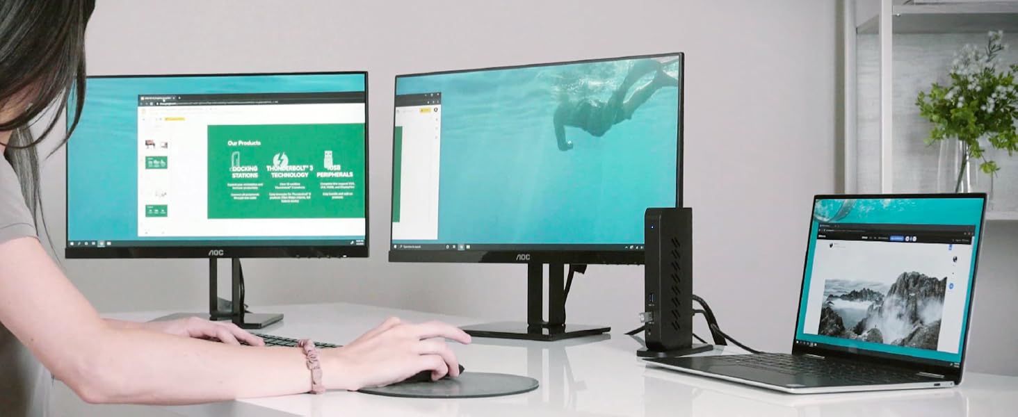 A docking station 3 monitors boosts multitasking, perfect for finance, design, or streaming setups