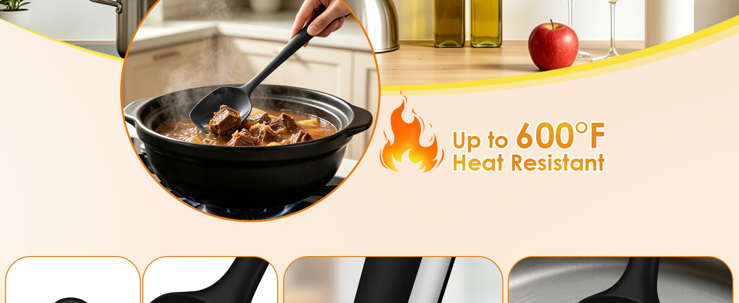 Silicone kitchen spatula stirring stew in a pot, heat resistant up to 600°F