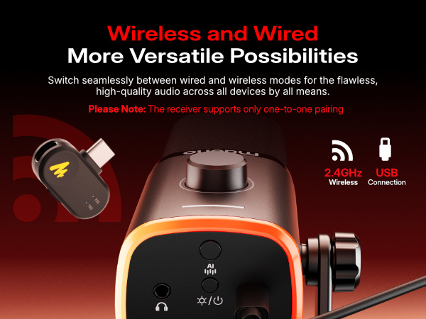MAONO PD100W Wireless Microphone for PC,USB Gaming Mic with One-Click Noise Reduction