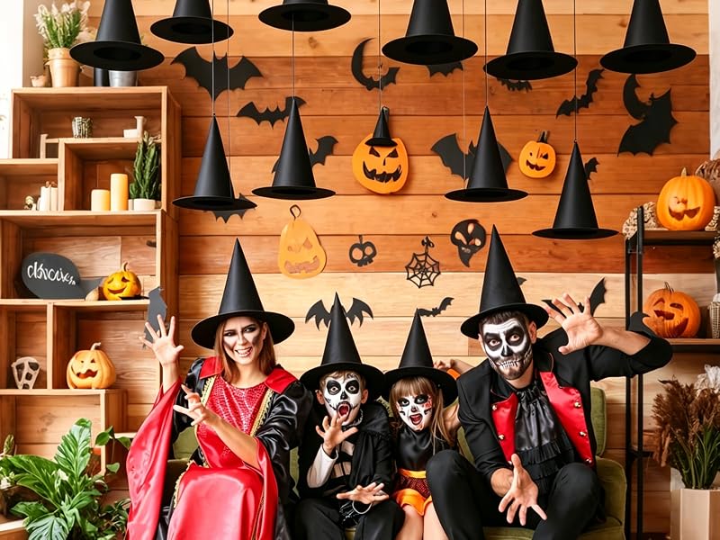 10 pack black halloween witch hats hanging on outdoor porch ceiling for spooky decor