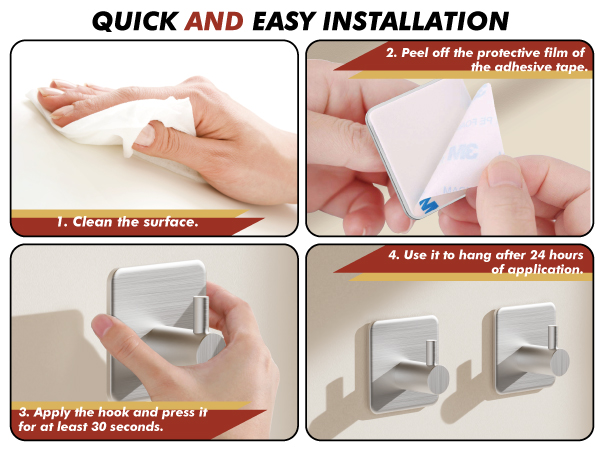 Quick no-drill installation: clean surface, peel film, press firmly, wait 24 hours before use