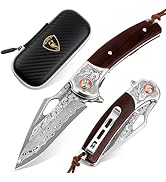 AUBEY Damascus Pocket Knife, Sharp Damascus Steel Blade Folding Knife with VG10 Core Wooden Handl...