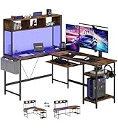 DUMOS L Shaped Gaming Desk 67”, Reversible Computer Desks with Led Lights Corner Table with Keybo...