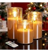 Eywamage Gold Ribbed Glass Flameless Pillar Candles with Remote, Flickering LED Wax Candles Batte...