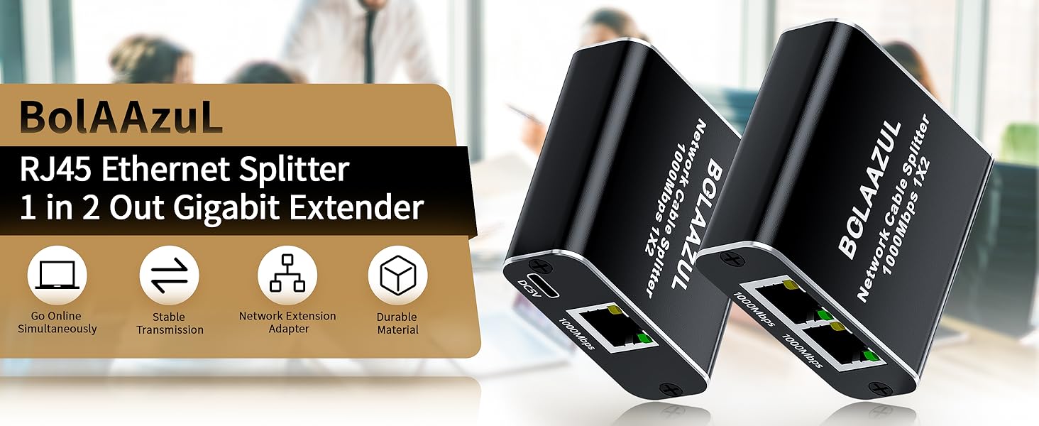 Ethernet Splitter High Speed 1000Mbps Ethernet Splitter 1 to 2, Gigabit Internet Splitter 