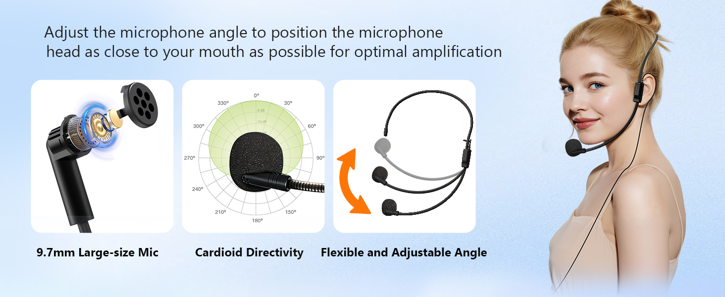 The amplifier microphone comes with an adjustable wired headset microphone