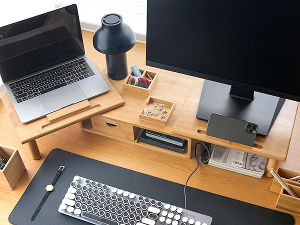 ROCDEER Adjustable Monitor Stand Riser in Bamboo