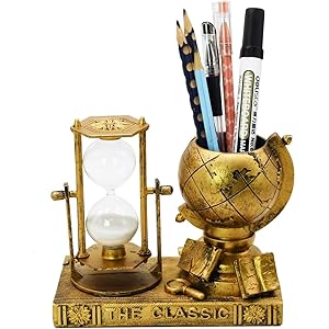 Globe-Themed Pencil Holder with Hourglass