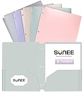 SUNEE 3 Hole Pocket Folders (6 Pack, Pastel Color), Plastic Pocket Folders for 3 Ring Binder, 3-H...