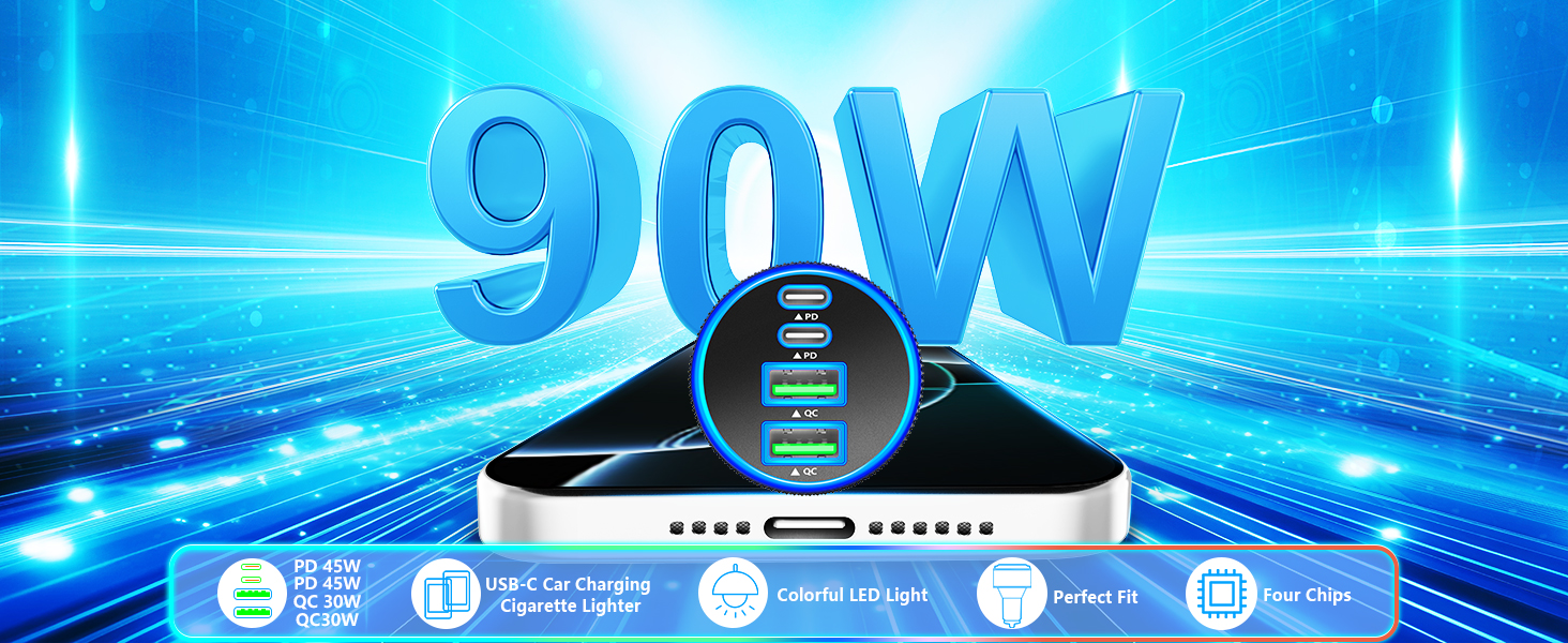 MFi Certified iPhone 17 Car Charger 4-Port 90W USB-C PD/QC3.0 Car Charger Cigarette Lighter Adapter