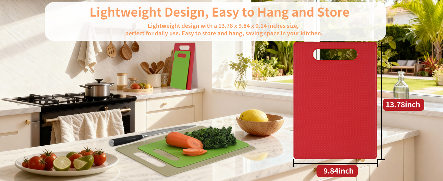 Lightweight plastic cutting board with handle hole, 13.78 x 9.84 inches, easy to store and hang